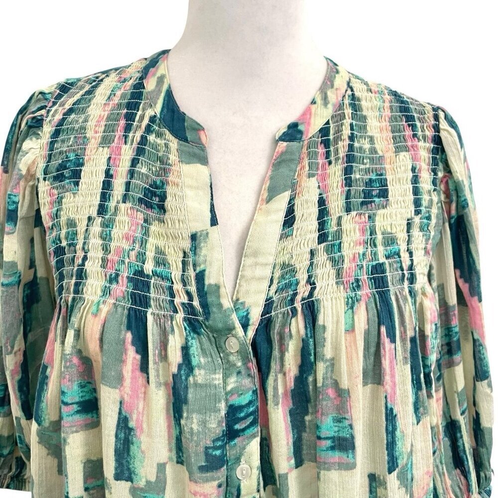 ba&sh Colorful Batik Retro Puff Sleeve V-Neck Blouse Top Feminine size Medium - Picture 5 of 13
